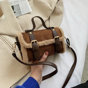 Vintage Matte Leather Lambwool Small Handbag Women Shoulder Crossbody