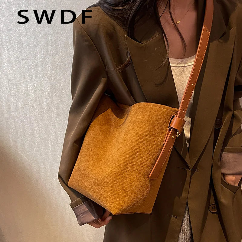 Vintage Matte Leather Women Bucket Bag Winter Crossbody Bag Ladies Shoulder Bags
