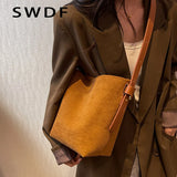 Vintage Matte Leather Women Bucket Bag Winter Crossbody Bag Ladies Shoulder Bags