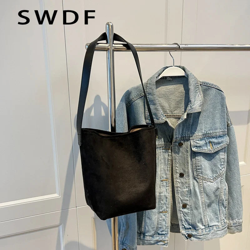 Vintage Matte Leather Women Bucket Bag Winter Crossbody Bag Ladies Shoulder Bags