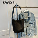 Vintage Matte Leather Women Bucket Bag Winter Crossbody Bag Ladies Shoulder Bags