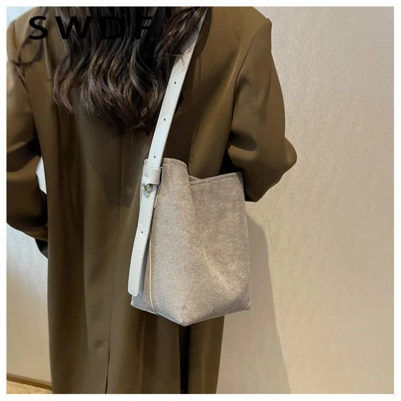 Vintage Matte Leather Women Bucket Bag Winter Crossbody Bag Ladies Shoulder Bags