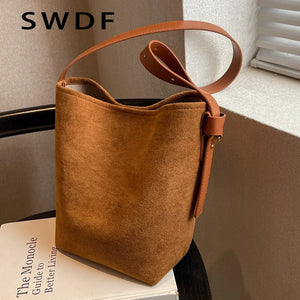 Vintage Matte Leather Women Bucket Bag Winter Crossbody Bag Ladies Shoulder Bags