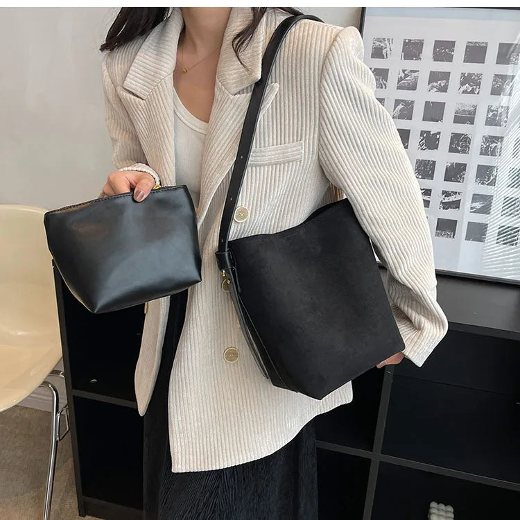 Vintage Matte Leather Women's Bucket Bag Winter Crossbody Handbag