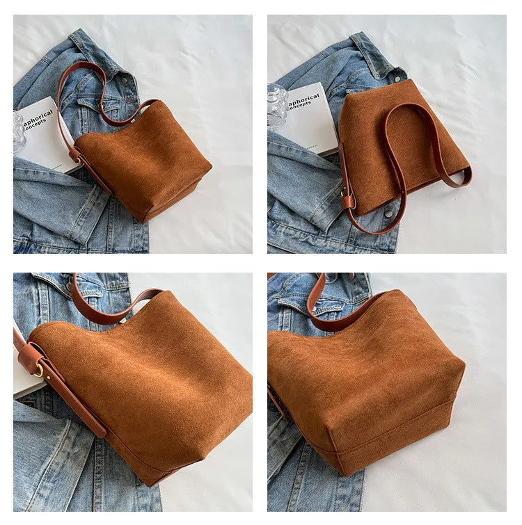 Vintage Matte Leather Women's Bucket Bag Winter Crossbody Handbag