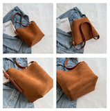 Vintage Matte Leather Women's Bucket Bag Winter Crossbody Handbag