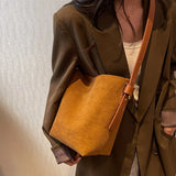 Vintage Matte Leather Women's Bucket Bag Winter Crossbody Handbag