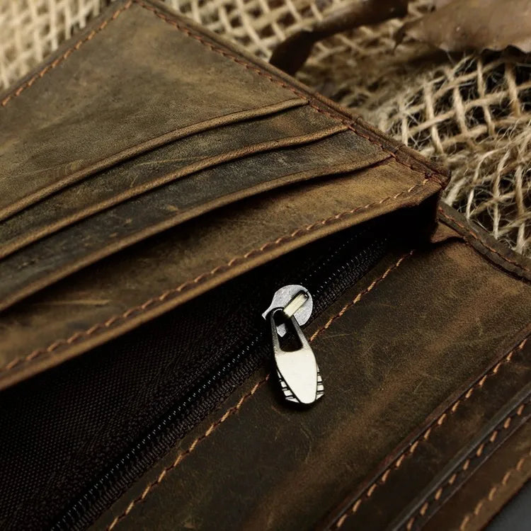 Vintage Men Crazy Horse Leather Wallet Long Leather Clutch Wallet Male Bifold Cl