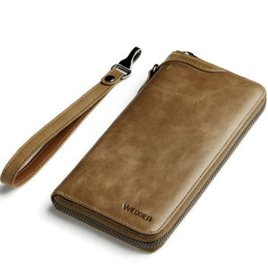 Vintage Men Long Wallet Split Cow Leather Clutch Bag Zipper Money Pocket