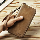 Vintage Men Long Wallet Split Cow Leather Clutch Bag Zipper Money Pocket