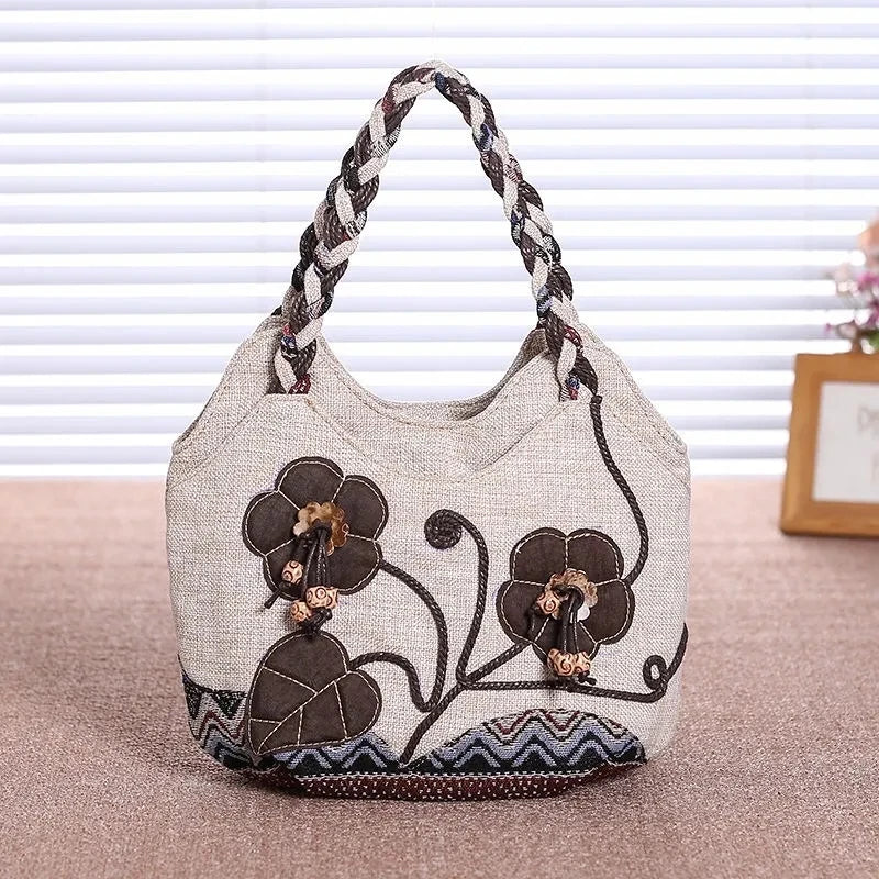 Vintage National Style Shoulder Bag Female Large Capcity Totes Bag Linen Handbag