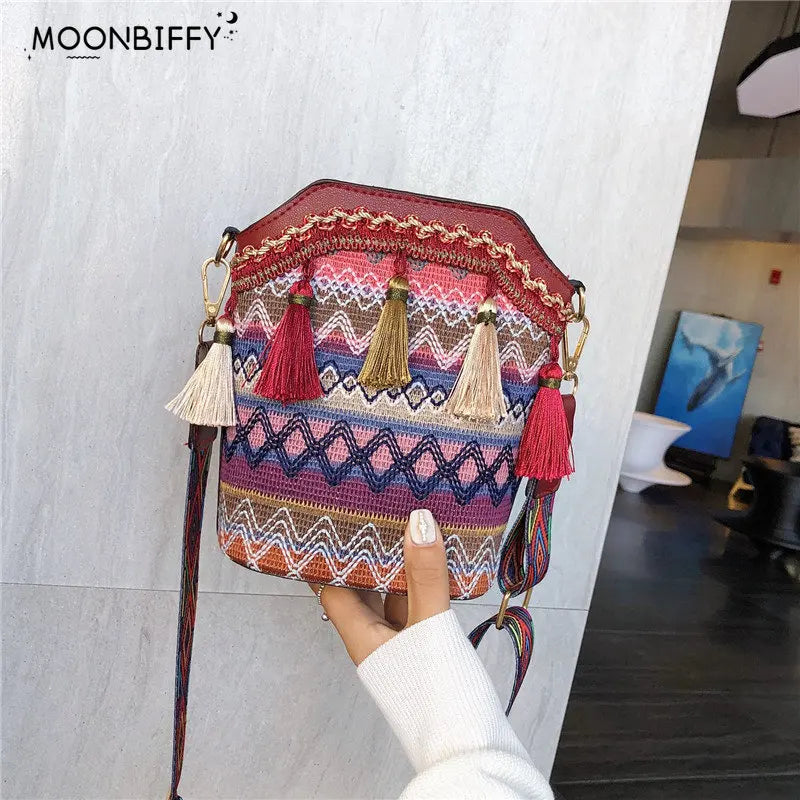 Vintage National Women's Bag Tassel Ethnic Handwoven Crossbody Bag Hippie Sling