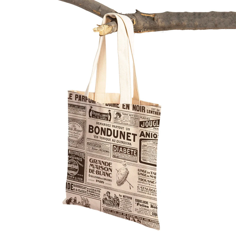 Vintage Newspaper Travel Women Shoulder Bags Canvas Lady Handbags