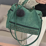 Vintage Nubuck Leather Handbags for Women Rivet Shoulder Bag
