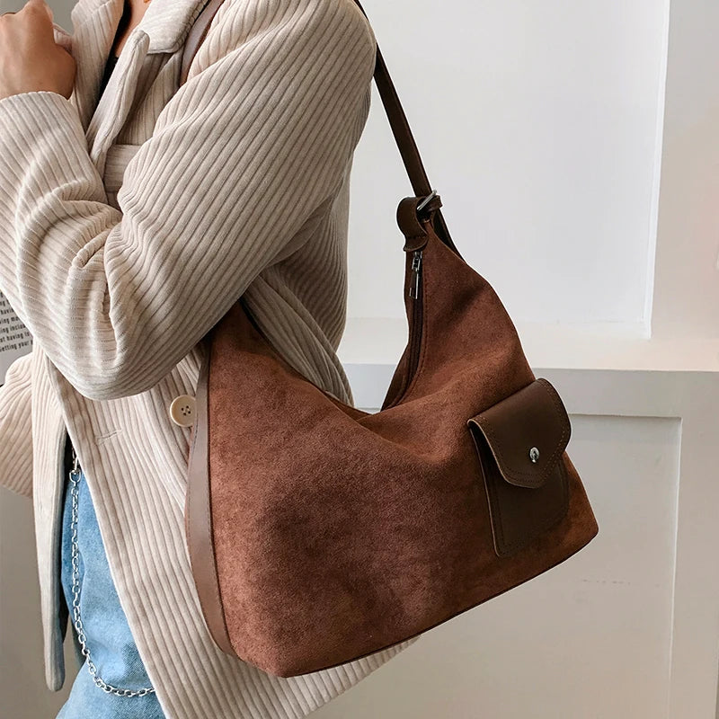 Vintage Nubuck Leather Shoulder Bags for Women Large Capacity Commute Handbags