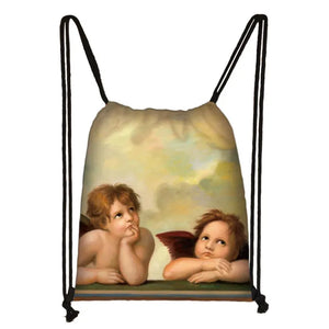 Vintage Oil Angel Print Drawstring Bags for Women