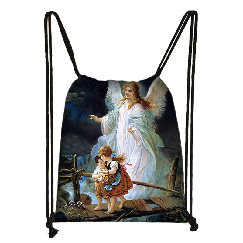 Vintage Oil Angel Print Drawstring Bags for Women