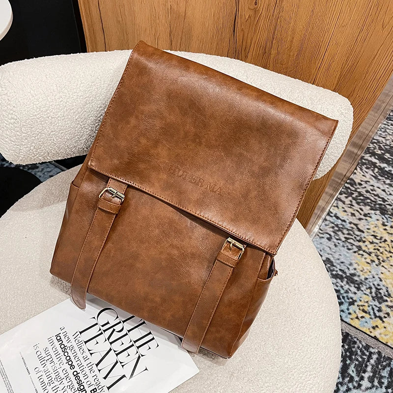 Vintage Leather Women Backpack Large Capacity Travel Bag