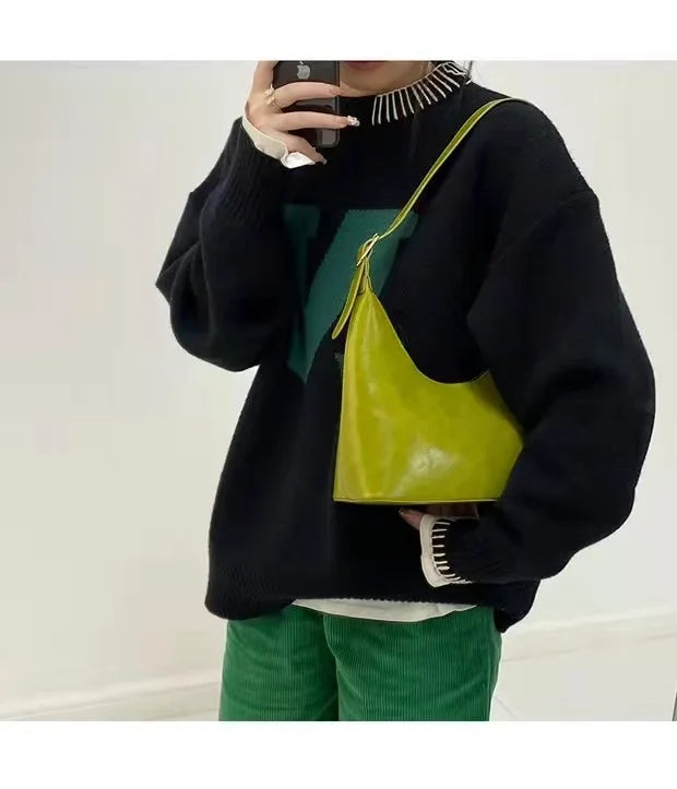 Vintage Oil Wax Leather Women Underarm Bags Solid Ladies Square Shoulder Bag