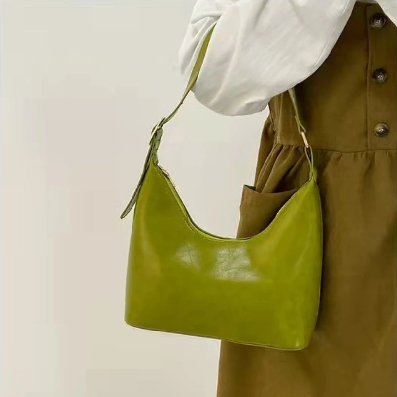 Vintage Oil Wax Leather Women Underarm Bags Solid Ladies Square Shoulder Bag