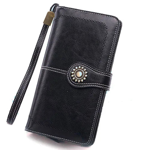 Vintage Oil Wax Leather Women Wallet Female Leather Purse Clutch Long Wallet
