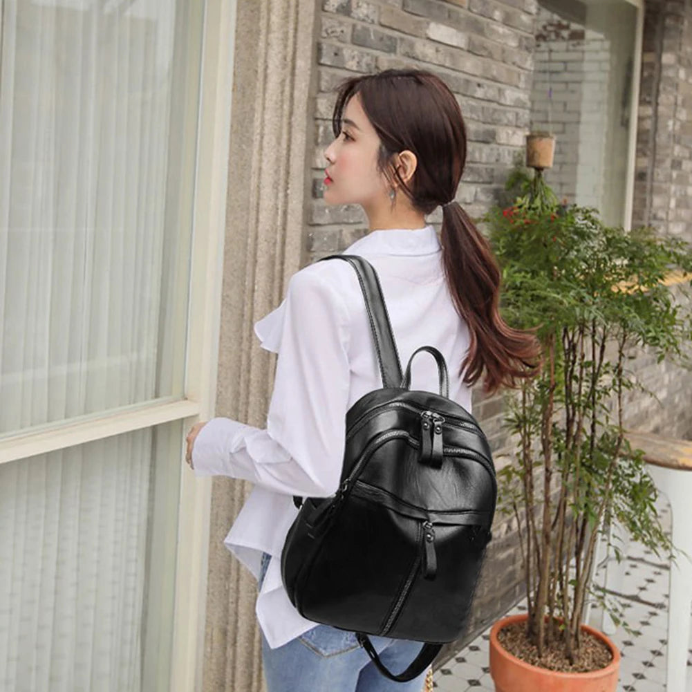 Vintage PU Leather Women Shopping Backpack Solid Student Large Capacity School B