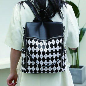 Vintage PU Leather Women's Backpack Plaid Bagpack Waterproof Rucksack