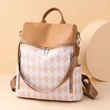 Vintage PU Leather Women's Backpack Plaid Bagpack Waterproof Rucksack