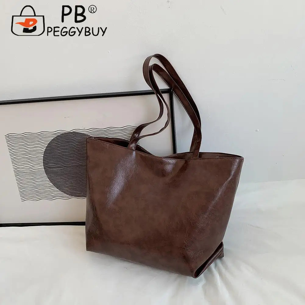 Vintage PU Leather Zipper Shoulder Bag Women Casual Large Capacity