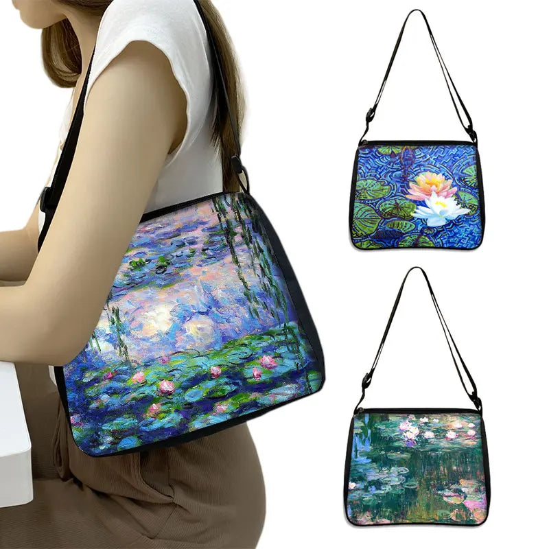 Vintage Water Lily Print Shoulder Bag Monet Women Handbag