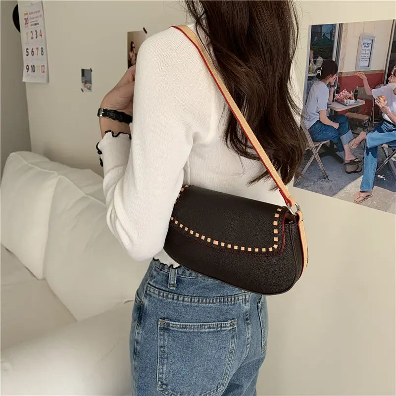 Vintage Panelled Shoulder Bag Women Cross-body Saddle Bag French Style Handbag