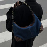 Vintage Patchwork Denim Women's Underarm Bag Rivet Chain Shoulder Bag