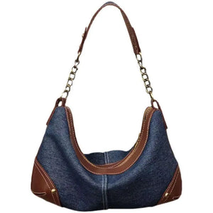 Vintage Patchwork Denim Women's Underarm Bag Rivet Chain Shoulder Bag