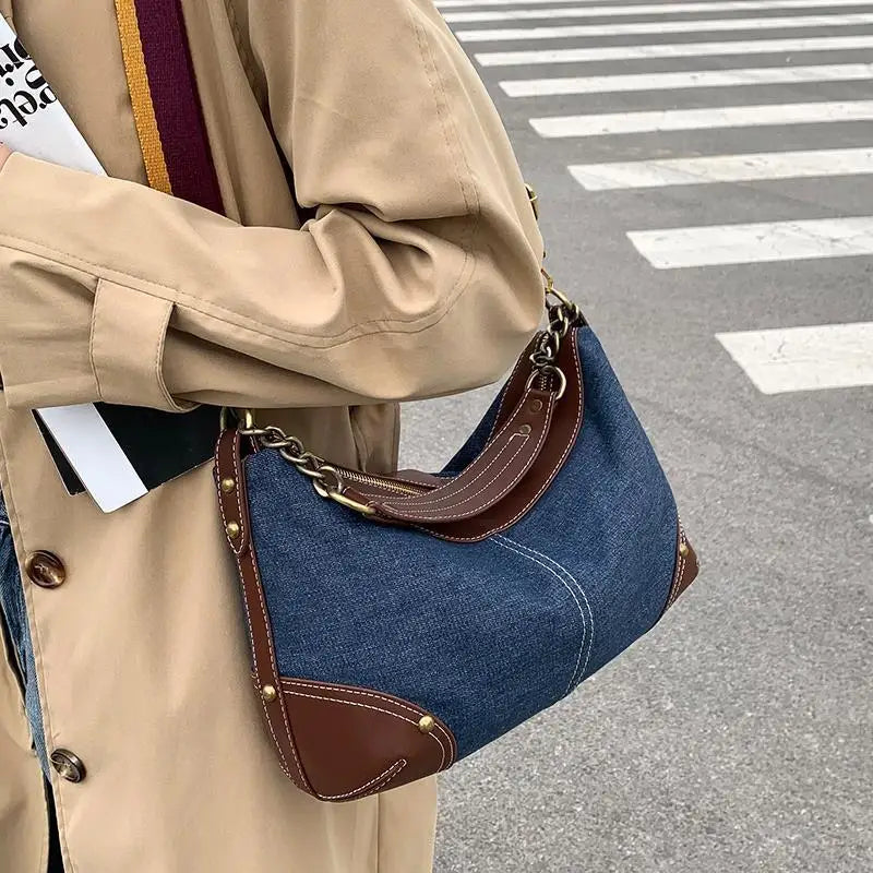 Vintage Patchwork Denim Women's Underarm Bag Rivet Chain Shoulder Bag