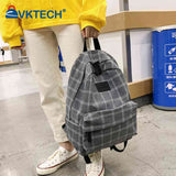 Vintage Plaid Canvas Backpack Adjustable Strap Rucksack