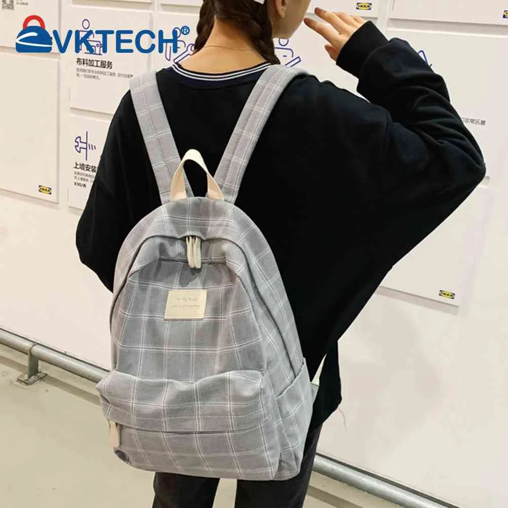 Vintage Plaid Canvas Backpack Adjustable Strap Rucksack