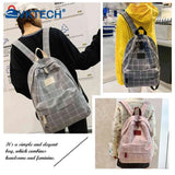Vintage Plaid Canvas Backpack Adjustable Strap Rucksack