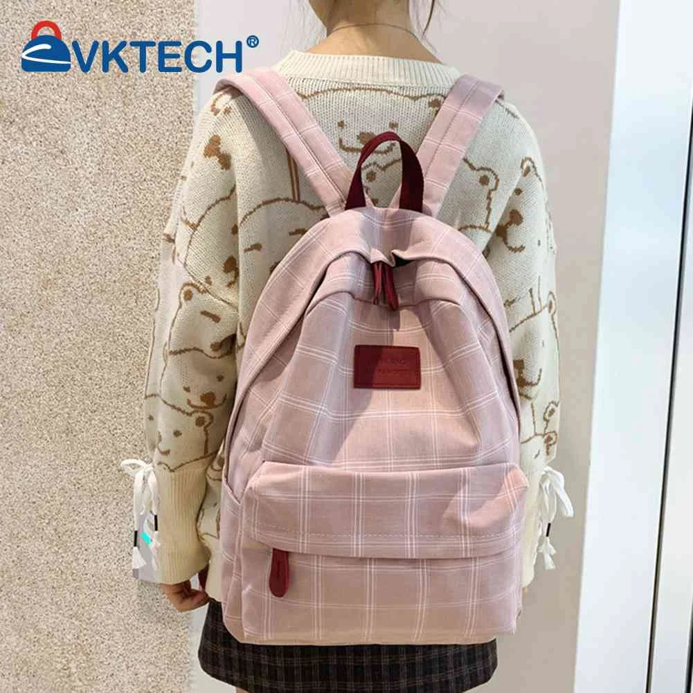 Vintage Plaid Canvas Backpack Adjustable Strap Rucksack