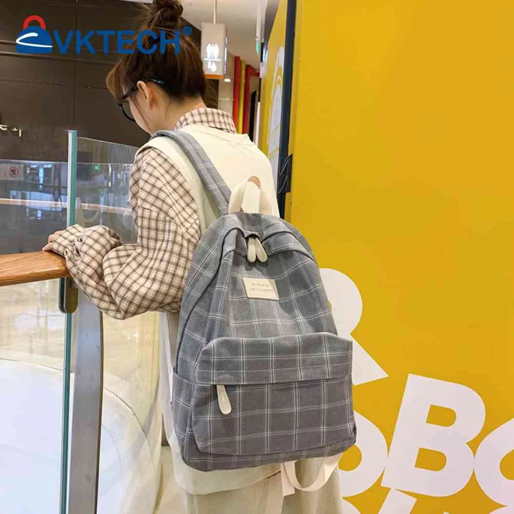 Vintage Plaid Canvas Backpack Adjustable Strap Rucksack