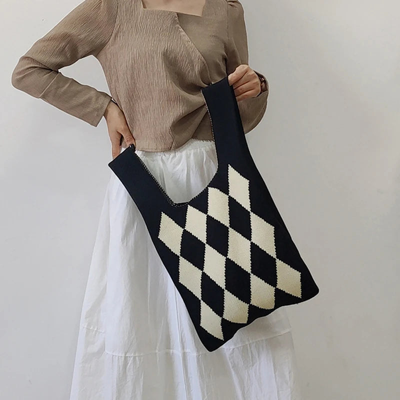 Plaid Large Capacity Woven Bag for Women Casual Top Handle Bags