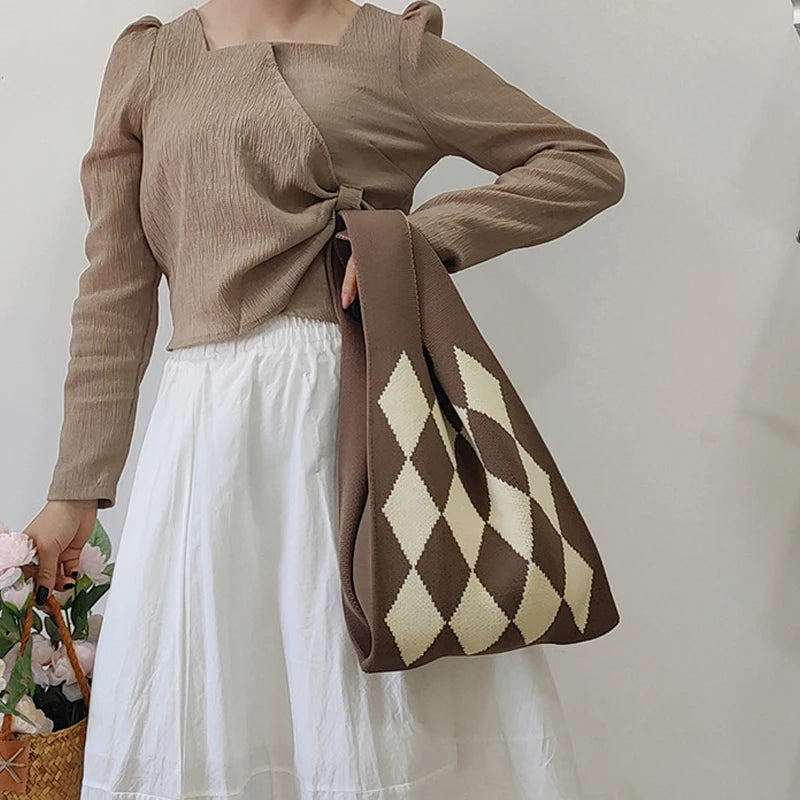 Plaid Large Capacity Woven Bag for Women Casual Top Handle Bags