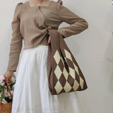 Plaid Large Capacity Woven Bag for Women Casual Top Handle Bags