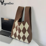 Plaid Large Capacity Woven Bag for Women Casual Top Handle Bags