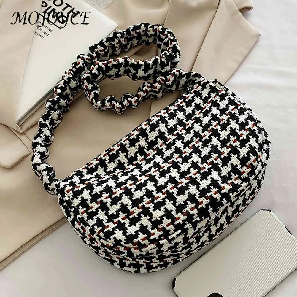 Vintage Plaid Shoulder Bag Half Moon Shaped Tote