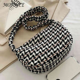 Vintage Plaid Shoulder Bag Half Moon Shaped Tote
