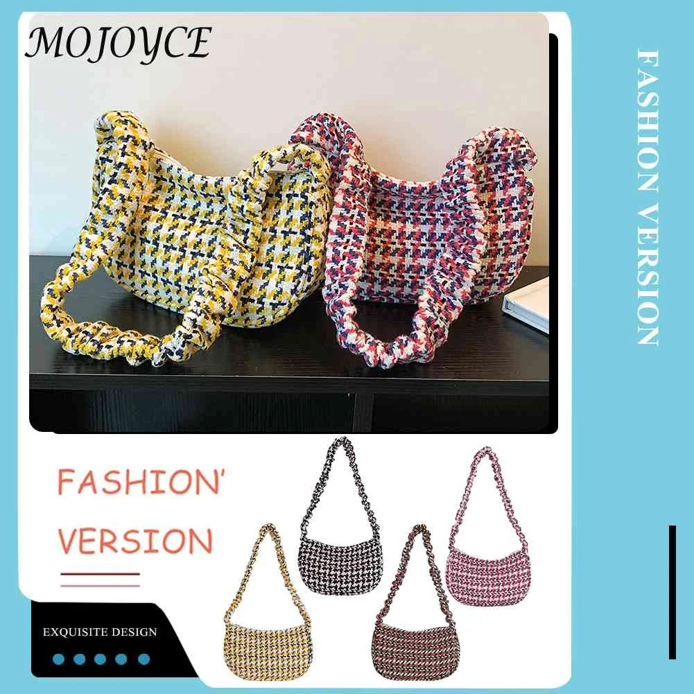 Vintage Plaid Shoulder Bag Half Moon Shaped Tote