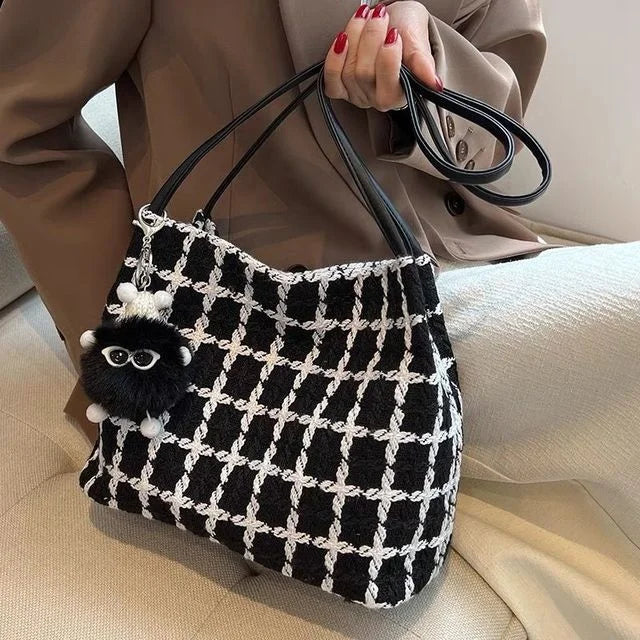 Vintage Plaid Woolen Shoulder Bags Women Large Capacity Underarm Totes
