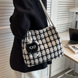 Vintage Plaid Woolen Shoulder Bags Women Large Capacity Underarm Totes