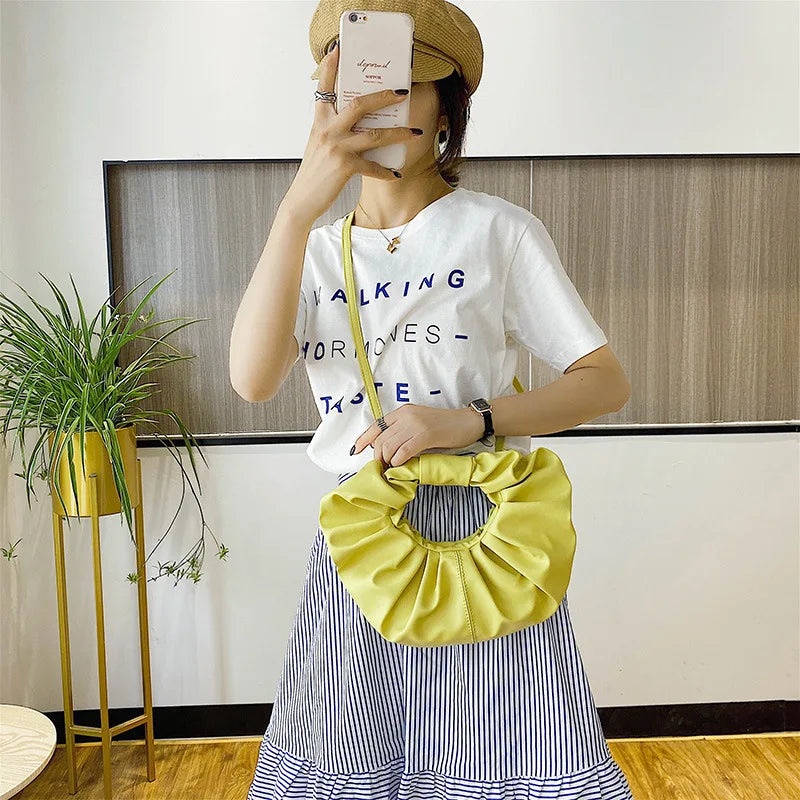 Vintage Pleated PU Leather Small Handbags Snap Fastener Ladies Mini Shoulder Bag