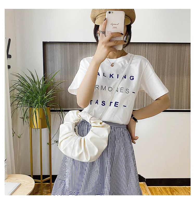 Vintage Pleated PU Leather Small Handbags Snap Fastener Ladies Mini Shoulder Bag